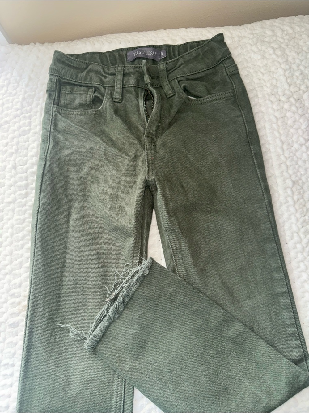 Just USA Olive Green High-Rise Cropped Skinny Jeans with Frayed Hem